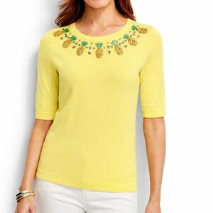 Talbots Sweater Size Medium Yellow Pineapple Hand Beaded NWOT